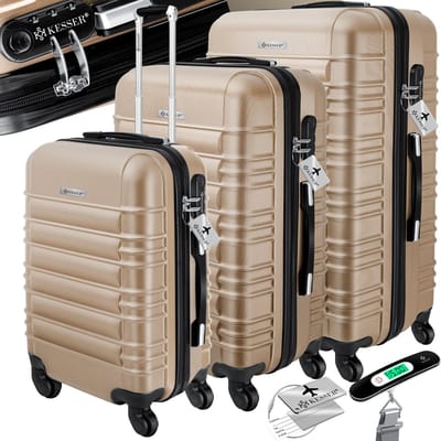 KESSER® 3x Koffer, reiskofferset, trolleykoffer harde kofferset incl. bagageweegschaal + bagagelabel rollend kofferslot 4 wielen ABS harde schaal telescopisch handvat M-L-XL - Champagne