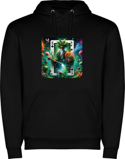 Zwarte unisex hoodie met “ Kleurrijke Speelkaart Klaver heer – Klaver Koning “ Print Full Color Color merk Roly maat S