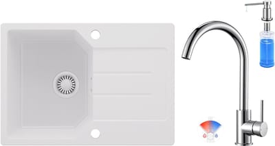Anycee MAX Spoelbak Keuken 65x45CM - Granieten Spoelbakken Met Keukenmengkraan en Zeepdispenser - Onderbouw Spoelbak Wit - Met waterafvoersysteem - Voor 40 cm kast