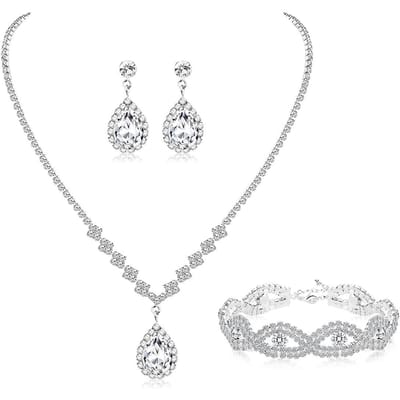 Ensemble de bijoux de mariée de style simple, plein de diamants, boucles d'oreilles de tempérament en métal plaqué argent, collier, ensemble de trois pièces de bracelet argenté