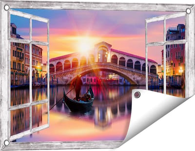 Gards Tuinposter Doorkijk Gondel bij de Rialtobrug in Venetië, Italië - 60x40 cm - Tuindoek - Tuindecoratie - Wanddecoratie buiten - Tuinschilderij