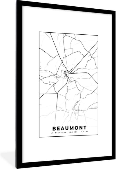 Fotolijst incl. Poster Zwart Wit- België – Beaumont – Stadskaart – Kaart – Zwart Wit – Plattegrond - 80x120 cm - Posterlijst