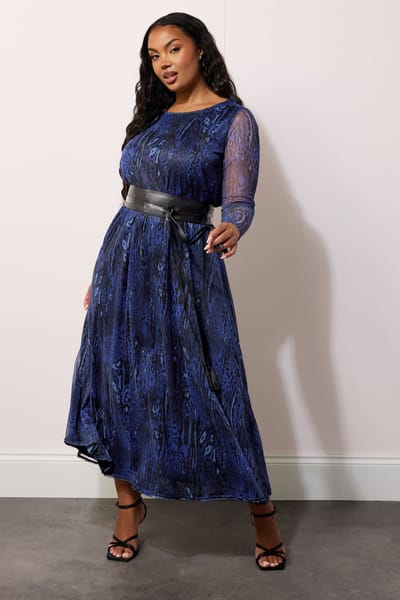 Yours London Mesh Maxijurk Met Dierenprint En Riem In Donkerblauw Size 44