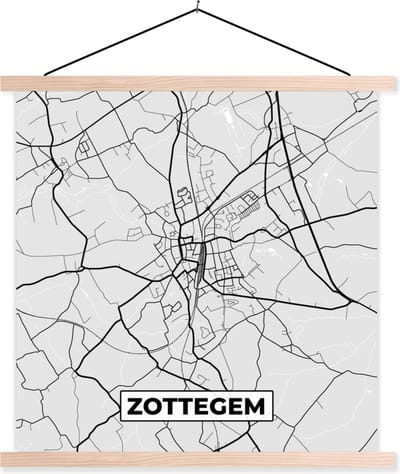 Posterhanger incl. Poster 40x40 cm - Schoolplaat - Zwart Wit – België – Plattegrond – Stadskaart – Kaart – Zottegem - Textielposter - Blanke latten - Stadskaart