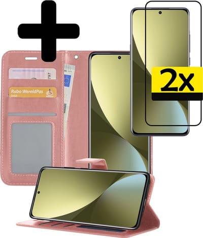 Hoesje - Met 2x Screenprotector - Geschikt voor Xiaomi 12 - Luxe Pasjeshouder - Bookcase Portemonee - Flip Case - Kunstleer Book Case - Flipcase Hoes - Book Cover - Walletcase - Portemonneehoes - Telefoonhoesjes - Rosé goud