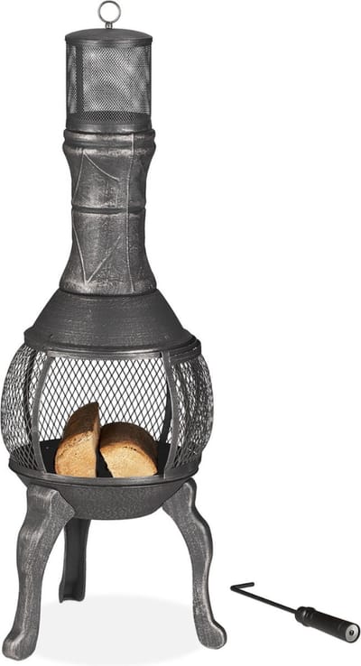 Tuinhaard - gietijzer - 114 x 40 x 40 cm - pook - vonkenscherm - lange pijp - buitenhaard - zilver