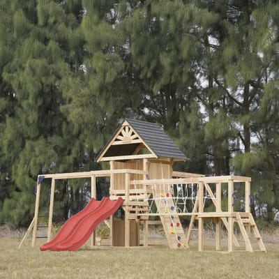 AXI Hunter Speeltoestel met Schommels, Klimrek, Klimbrug en meerdere Platforms – Rode Dubbele Glijbaan - FSC 100% hout – Speeltoren voor de tuin / buiten