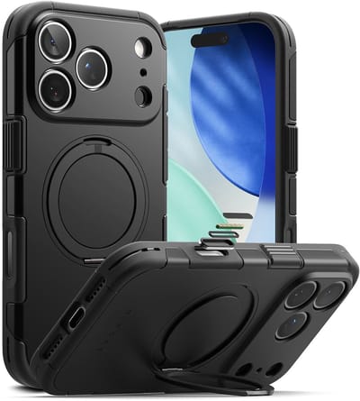 Ringke Alles - Hoesje Geschikt voor Apple iPhone 17 Pro Max - Compatibel met MagSafe / Qi2 - Rugged Back Cover - Beschermhoes 360° Draaibare Magnetische Standaard - Zwart