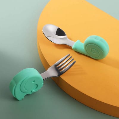 Kinderbestek - Baby - Zelf Leren Eten - 6 Maanden+ - Baby Lepeltjes en Vorkjes - Baby Bestek - BPA-Vrij - RVS - Siliconen - Groen