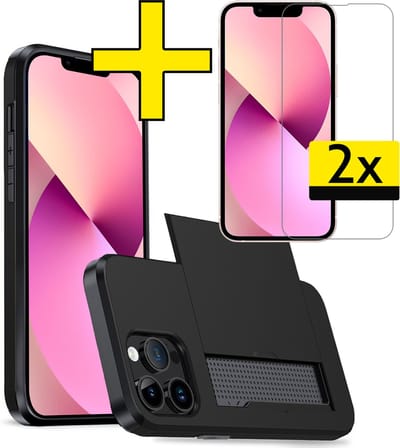 Hoesje Geschikt voor iPhone 14 Pro Hoesje Case Pashouder Hard Cover Met 2x Screenprotector - Hoes Geschikt voor iPhone 14 Pro Hoesje Met Kaarthouder - Zwart