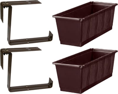 Set van 2 kunststof plantenbakken bruin rechthoekig 60 cm met 4 verstelbare railing beugels