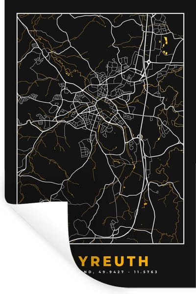 Muurstickers - Sticker Folie - Duitsland – Black and Gold – Bayreuth – Stadskaart – Kaart – Plattegrond - 20x30 cm - Plakfolie - Muurstickers Kinderkamer - Zelfklevend Behang - Zelfklevend behangpapier - Stickerfolie