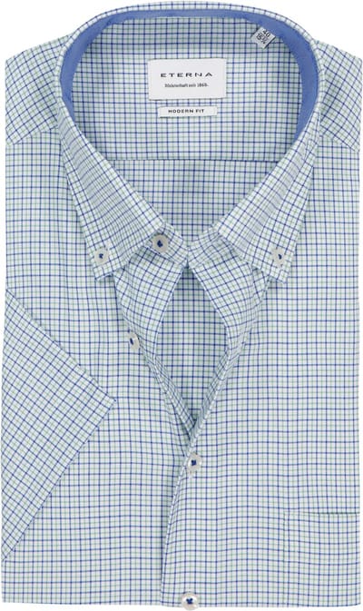 ETERNA modern fit overhemd korte mouw - twill - wit met groen en blauw geruit - Strijkvrij - Boordmaat: 42 (EU maat: L)