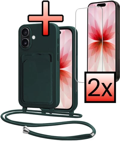 Hoes Geschikt voor iPhone 17 Hoesje Pasjeshouder Cover Met Koord Case Siliconen Hoes Met Telefoonkoord en Kaarthouder Met 2x Screenprotector - Donkergroen