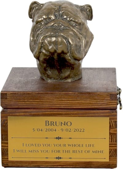 Engelse Bulldog urn hond met beeldje - gepersonaliseerde hondenurn