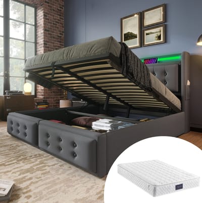 MEUNIQ tweepersoons bed 160x200 met opbergruimte, LED hoofdbord, stopcontact, USB en USB-C, lattenbodem, stoffen bedframe voor slaapkamer, grijs