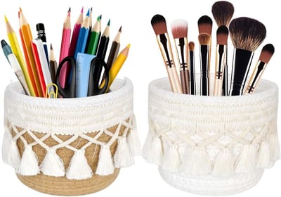 Set van 2 Geweven Baskets voor Cosmetische Borstels, Boho Make-up Organizer voor Borstels, Eyeliner en Potloden