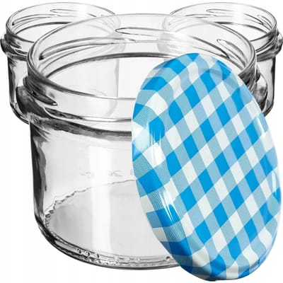 KADAX Kleine inmaakpotten, 235 ml, potten diameter 82, kleine potten voor honing en specerijen, jampotten met deksel, luchtdichte potten om cadeau te geven (blauw geruit, 10 stuks)