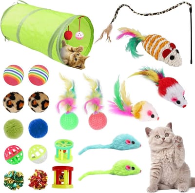 SnelShoppen - 21-delige Set Kleurrijke Kat Speeltjes met Tunnels, Stokken, Veertjes, Pompoms voor Interactieve Kat Spellen Thuis, Stimuleer Spelplezie