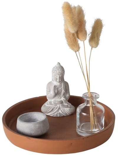 Boltze - Tray - 5 delig - Cadeaupakket - Decoratie set - Terra /Grijs - Buddha, theelicht, flesje, dienblad