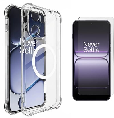 Hoesje en Glas Geschikt voor OnePlus 15R - Transparant - Geschikt voor MagSafe - Casemania Anti-shock Back Cover - Extra Stevig Val en Stootbescherming Telefoonhoesje + 1x Tempered Glazen Screenprotector