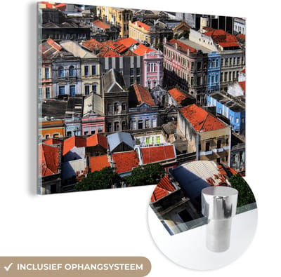 ® Glasschilderij 180x120 cm - Schilderij acrylglas - Gekleurde daken van Recife in Brazilië - Foto op glas - Muurdecoratie woonkamer - Wanddecoratie slaapkamer - Schilderijen