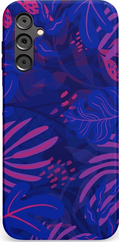 Casetastic hoesje geschikt voor Samsung Galaxy A14 (2023) 5G / Samsung Galaxy A14 (2023) 4G - Dubbellaagse bescherming - Neon jungle blad - Fashion Case - Donkerblauw Lavendel Roze