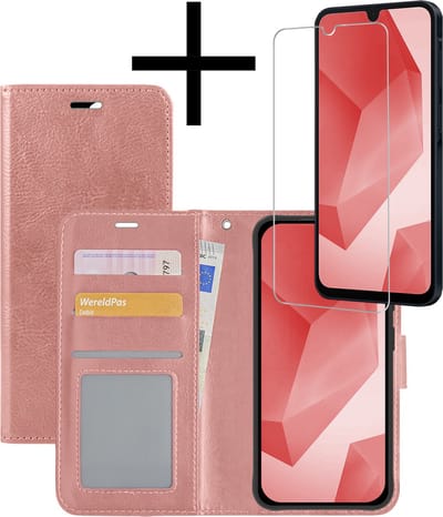 Hoesje - Met Screenprotector - Geschikt voor Samsung Galaxy A16 - Luxe Pasjeshouder - Bookcase Portemonee - Flip Case - Kunstleer Book Case - Flipcase - Book Cover - Walletcase - Portemonneehoes - Rosé goud