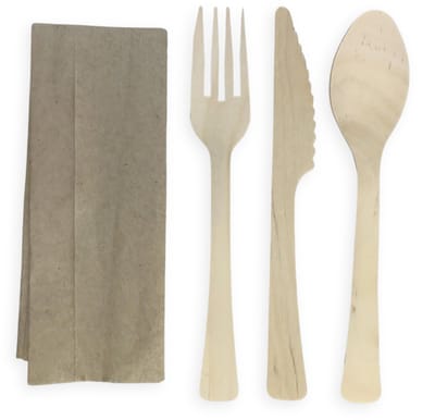 Houten bestekset 4 in 1 (lepel-mes-vork-servet) in bestekzakje - 50 stuks
