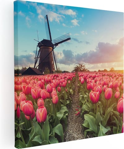 Artaza Canvas Schilderij Molen - 30x30 cm - Klein - Wanddecoratie Tulpenveld - Muurdecoratie Landschap - Kamer Accessoires Roze