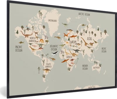 Wereldkaart kinderen - Dino's - Kinderkamer - Jongens - Meisjes - Kinderen - Schoolplaat - Kinderkamer - 90x60 cm