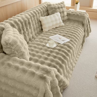 Qelus Bankhoes - 1-delige Pluizige Sofahoes – Zachte Konijnenbont Stijl – Dikke Bankhoes voor Stoelen, Banken of Bed – Warm Winterhoes voor Woonkamer & Slaapkamer (L180* B180cm) - Kaki
