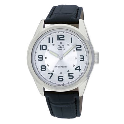 Q&Q Q266J304Y - Horloge - Heren - Mannen - Leren band - Rond - Metaal - Waterdicht 3 ATM - Zwart - Zilverkleurig - WIt