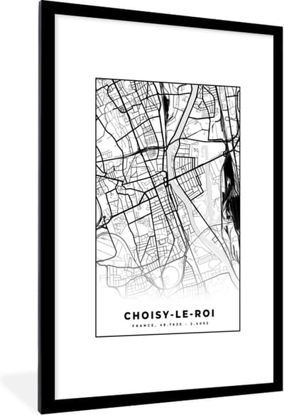 Fotolijst incl. Poster Zwart Wit- Frankrijk - Choisy-le-Roi - Plattegrond - Stadskaart - Kaart - Zwart wit - 80x120 cm - Posterlijst