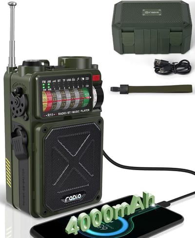Emergency Crank Radio met Bluetooth, Flashlight en SOS Alarm - Oplaadbaar via USB, Handcrank & Zonne-energie voor Noodopvang en Kamperen
