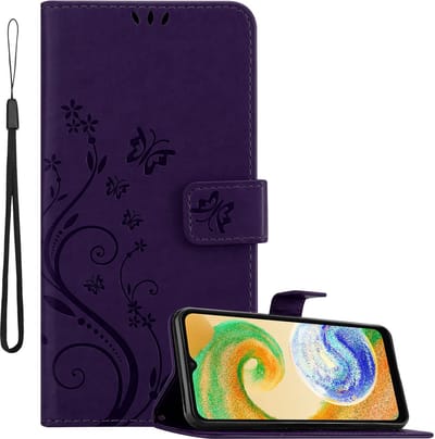 Cadorabo Hoesje geschikt voor Samsung Galaxy A04s / A13 5G / M13 5G in BLOEMEN DONKER PAARS - Beschermhoes in bloemmotief met magnetische sluiting, standfunctie en kaartsleuven Book Case Cover Etui