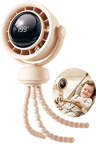 Handventilator met Octopus - Draagbare Ventilator Oplaadbaar - 2000mAh - 199 Standen - Kinderwagen Mini Fan - Hand Tafelventilator Draadloos - Octopus ventilator - Festival ventilator - Voor Buggy en Kinderwagen - Digitaal scherm - Beige