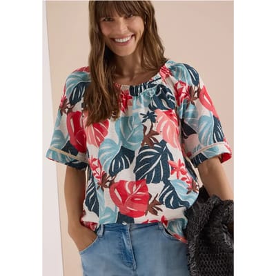 Carmen blouse met korte mouwen en bladprint