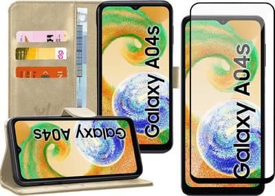 Hoesje geschikt voor Samsung Galaxy A04s / A13 5G - Screen Protector FullGuard - Book Case Kunstleer Pasjeshouder Goud & Screenprotector