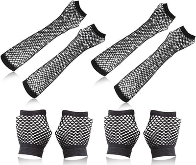 Vingerloze visnet handschoenen voor carnaval, vintage 80s feestaccessoires, 4 paar zwart, lange en korte stijlen