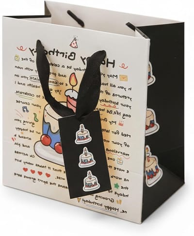 Cadeauzakjes met handvat, zwart-wit, voor verjaardag, gastgeschenken en feestelijke presentaties, 16,8 x 10 x 18 cm, elegante papieren draagtas met wenskaart