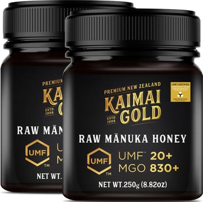 Kaimai Gold MGO 830+ / UMF 20+ Manuka Honing * 500G (2x 250G) Premium Monoflorale UMF® Gecertificeerde ManukaHoning uit Nieuw-Zeeland # T.h.t. 20-07-2028 # MGO 600 625 = UMF 16, 696 700 720 = UMF 18, 800 820 = UMF 19, 829 850 = UMF 20, 1000 = UMF 22