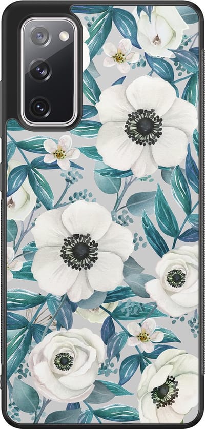 Leuke Telefoonhoesjes - Hoesje geschikt voor Samsung Galaxy S20 FE - Witte bloemen - Backcover zwart - Bloemen - Blauw