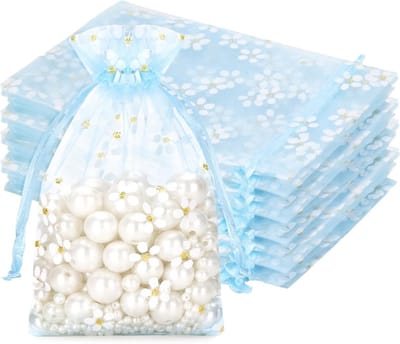 Bolsas organza blauw met margrieten, 10 x 15 cm, 30 stuks voor sieraden, bruiloften en feestelijke gelegenheden