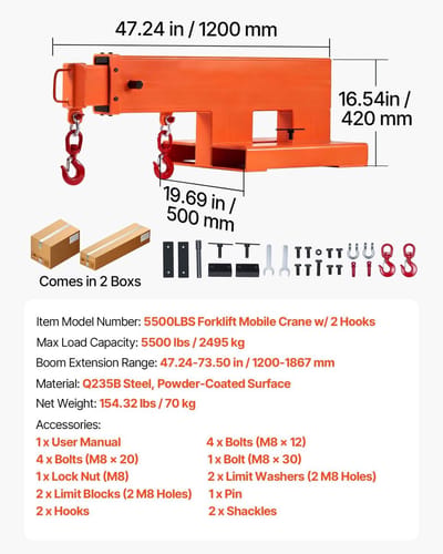Heftruck kraanarm - Telescopische 3-Traps Arm - Draagvermogen 2495 kg - Uitschuifbaar 1200-1867 mm - 2 360° Draaibare Haken - Handmatige Bediening