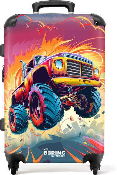 NoBoringSuitcases.com® - Kinderkoffer groot - Kindertrolley koffer - Roze monstertruck vliegt over het asfalt - Rolkoffer lichtgewicht - Reiskoffer met 4 wielen - Grote trolley XL - 20 kg bagage