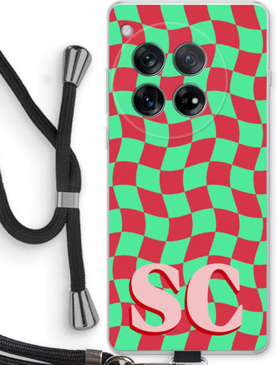 Gepersonaliseerd - Case Company® - Hoesje met koord geschikt voor OnePlus 12r hoesje met Koord - Grid Monogram - Telefoonhoesje met Zwart Koord - Bescherming aan alle Kanten en Over de Schermrand