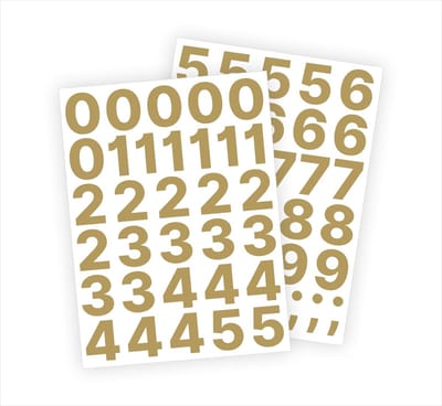 Cijfer stickers / Plaknummers - Stickervellen Set - Metallic Goud - 4cm hoog - Geschikt voor binnen en buiten - Standaard lettertype - Mat