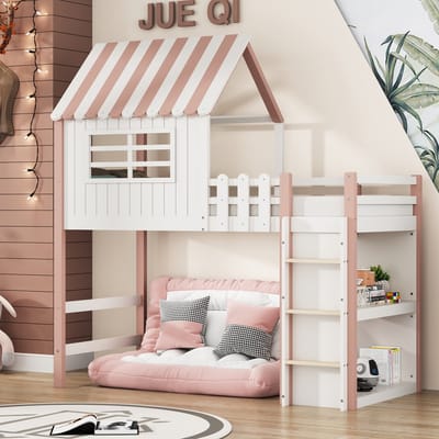 Sweiko Kinderbed 90x200cm Hoog en Laag Meisjesbed Familiebed Veiligheidsladder met opbergdoos Dakvorm Multifunctioneel bed Massief houten bed met Vlak noedelsframe Roze (Geen matras)