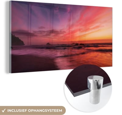 MuchoWow® Glasschilderij 40x20 cm - Schilderij acrylglas - Strand - Zee - Natuur - Avond - Foto op glas - Schilderijen